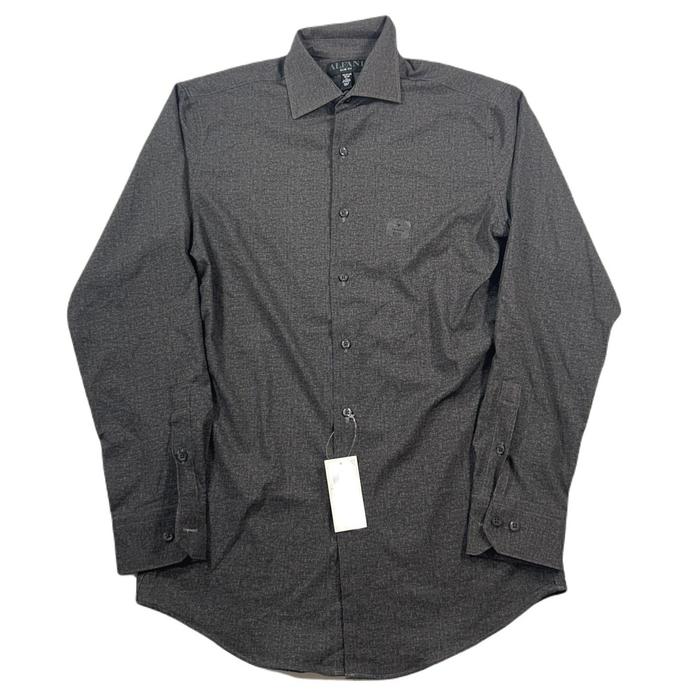 Alfani Slim Fit Dress Shirt Mens Small 14-14.5 32-33 Charcoal Stretch Slub‎ NEW